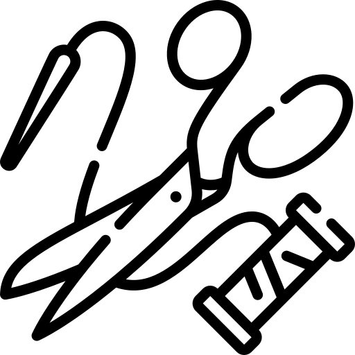 Un logo qui représente une bobine du fil et un ciseau