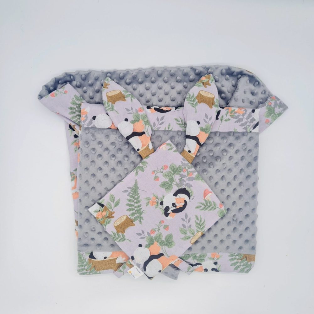 Ensemble couverture et doudou pour bébé à personnaliser avec motifs de panda et renard